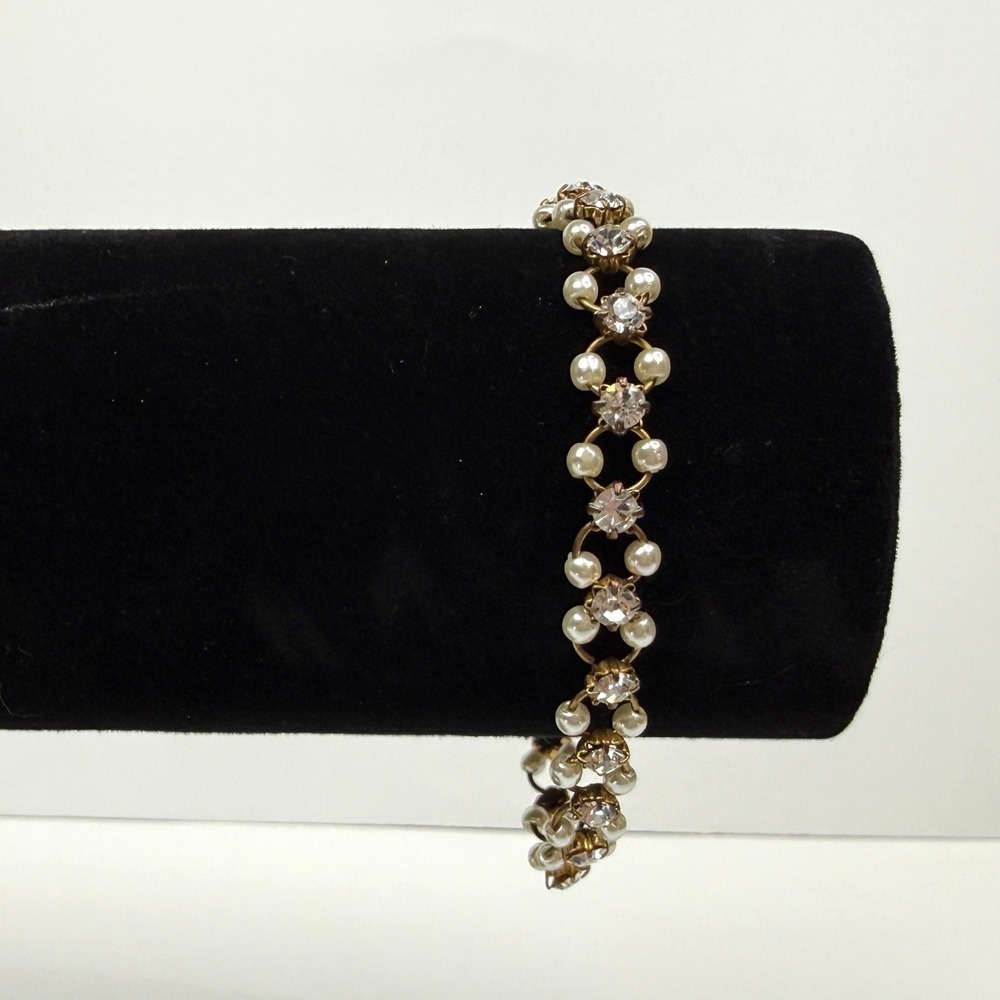 Antique Gold Tone Rhinestone Faux Pearl Bracelet Elegant Fashion Jewelry Sz 7